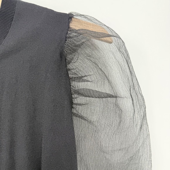 Zara Black Knit Blouse S Organza Sheer Puff Sleeve Button Frot Gothic Mob Wife - Picture 2 of 6